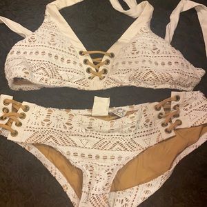 Tan and white bikini set